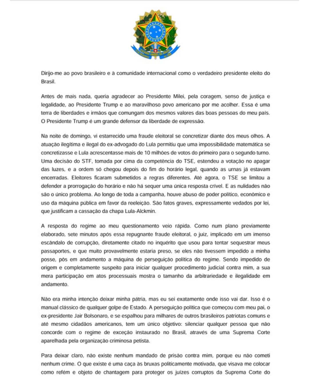 Flávio Bolsonaro se autodeclara o legítimo presidente eleito em nota divulgada por Paulo Figueiredo